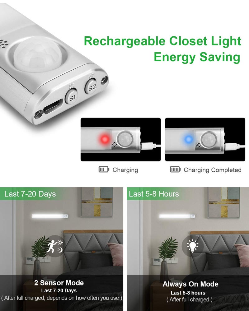 goodland Under Cabinet Lighting 80 LED Closet Light, Motion Sensor Lights Indoor USB Rechargeable Dimmable Stick-on Night Light Bar for Kitchen, Wardrobe, Garage, Stairs, Bedroom (1 Pack) - Image 5